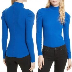 FREE PEOPLE Medium Tattooed Heart Puff Sleeve Mock Neck Royal Blue Cotton Rich